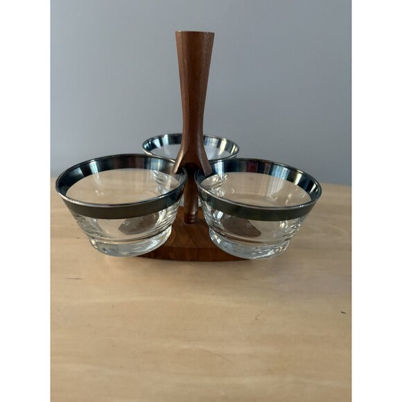 Vintage Libbey 3 Piece Glass Bowl Condiment Set w/ Wood Caddy MCM Mid Century 50 - Picture 14 of 15